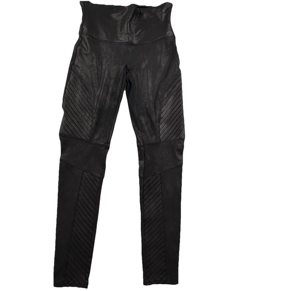 SPANX Faux Leather Moto Leggings Women's L Black Shiny Coated Shaping Pants Slim